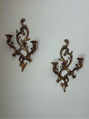 1960s Syroco Gold Peony Double-Candle Wall Sconce Pair